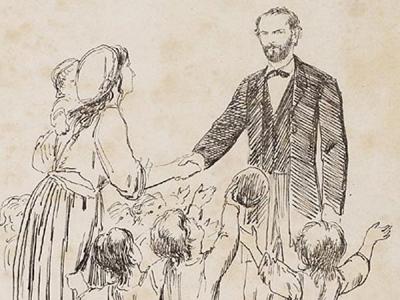Prent uit Nederlandsche Spectator 4 juli 1874, vrouw en kinderen bedanken Samuel van Houten voor zijn Kinderwetje .
