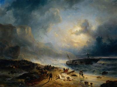 Schipbreuk was een populair thema in de Romantiek. Het overkomt Ferdinand in hoofdstuk 22. Hier afgebeeld: ‘Schipbreuk op een rotsachtige kust’ (ca. 1837) van Wijnandus Nuijen .