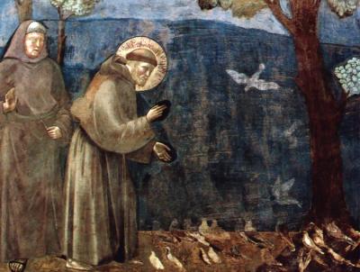 Franciscus preekt tot de vogels: hij had álle levende wezens lief en vroeg de vogels om God te prijzen. Onder andere vanwege zijn preek tot de vogels vieren we dierendag op de feestdag van Sint Franciscus (4 oktober).  Assisi, kerk van Franciscus, fresco van Giotto.