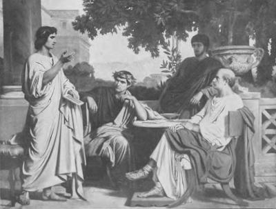 Maecenas in zijn tuin met de schrijvers Vergilius, Horatius en Varius.  http://www.hellenica.de/Rom/Biographie/VergilHorazVariusMaecenas.html