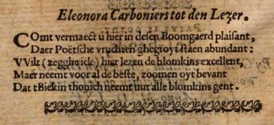 Gedichtje van Eleonora als voorwoord in de bundel "Den hof en boomgaerd der poësien" 1565
