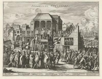 De Spaanse inquisitie stond er om bekend hard op te treden tegen ketterij. Hier is een processie uit 1558 te zien, waarop inquisitieleden een dertigtal ter dood veroordeelde protestanten (links) naar de brandstapel (rechts) leiden.