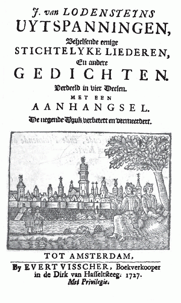 Titelpagina van Uytspanningen, behelsende eenige stichtelyke liederen, en andere gedichten (1676) door Jodocus van Lodenstein, waar ook de hier genoemde Kinderlesse in te vinden is.