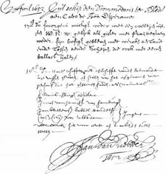 Daghregister, 17 en 18 april 1652, aankomst aan de Kaap, ondertekend door Jan van Riebeeck